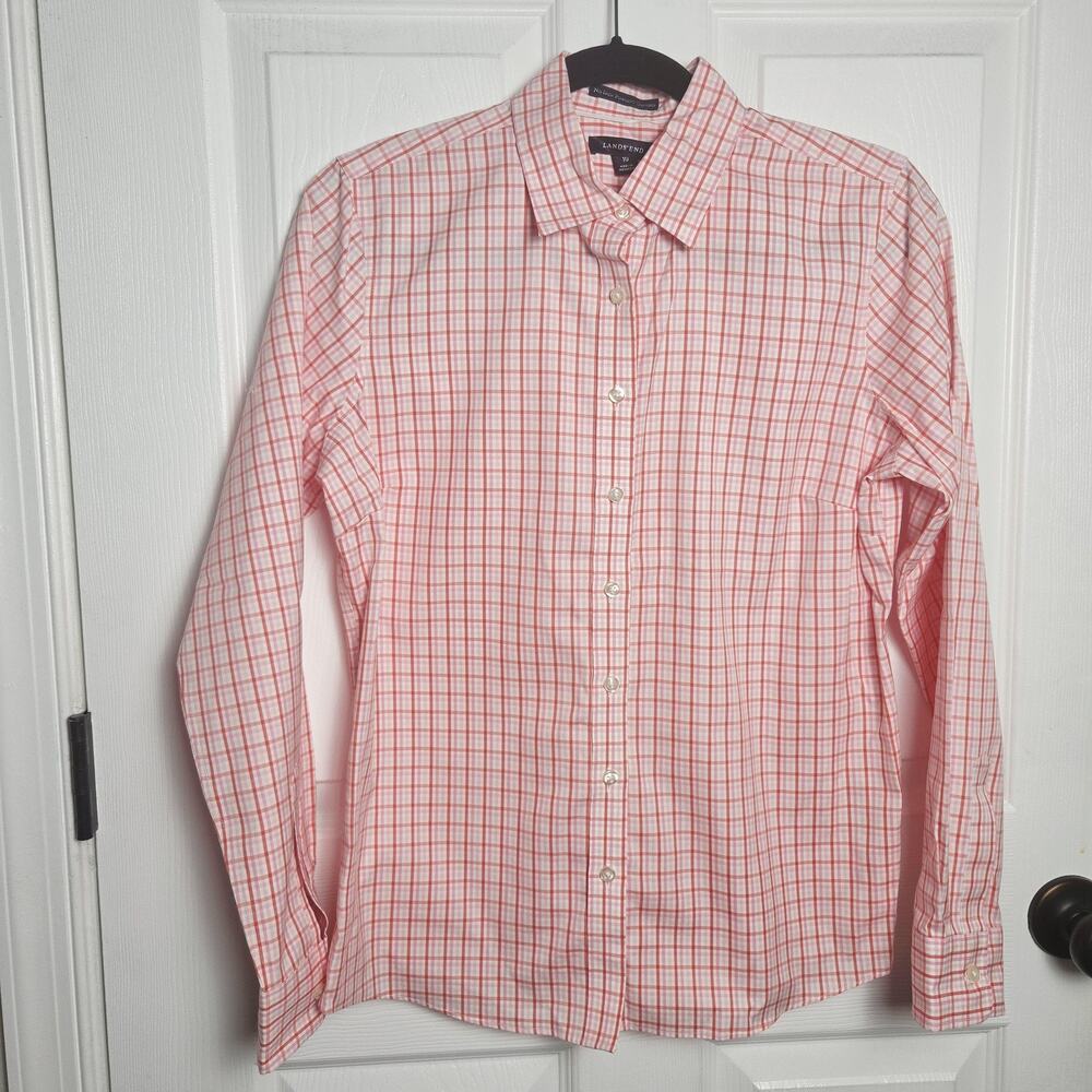 Lands' End Shirt Womens 10 Pink Check No Iron Oxford Button Up Long Sleeve